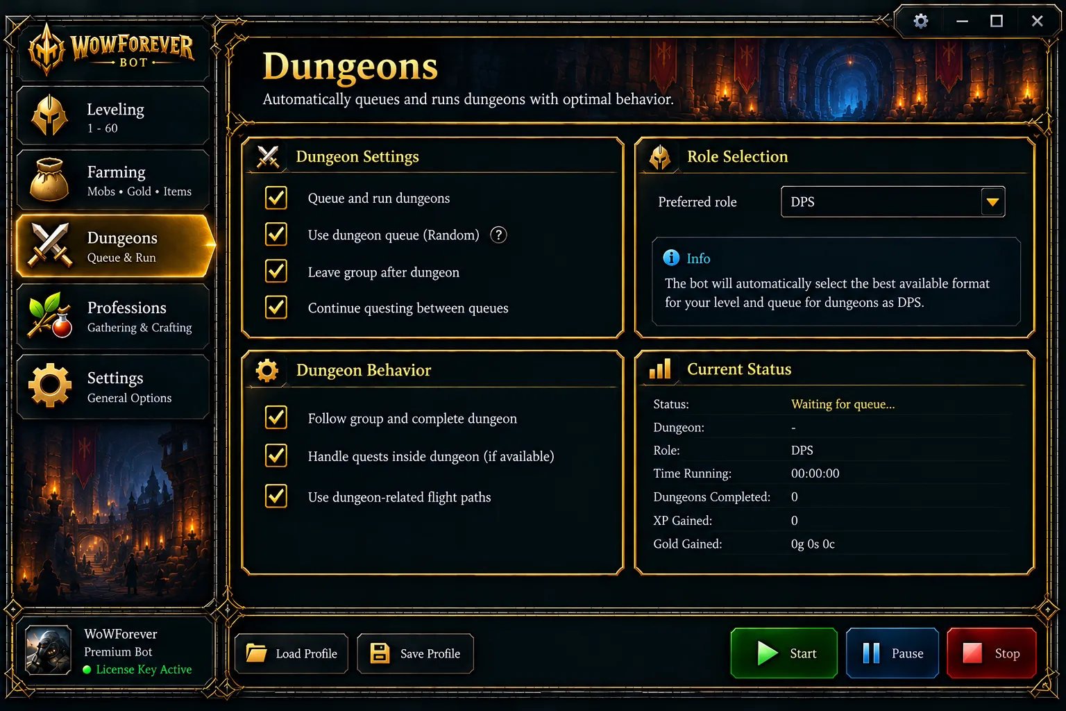 WowForeverBot dungeon control panel showing role selection, dungeon selection and run behavior