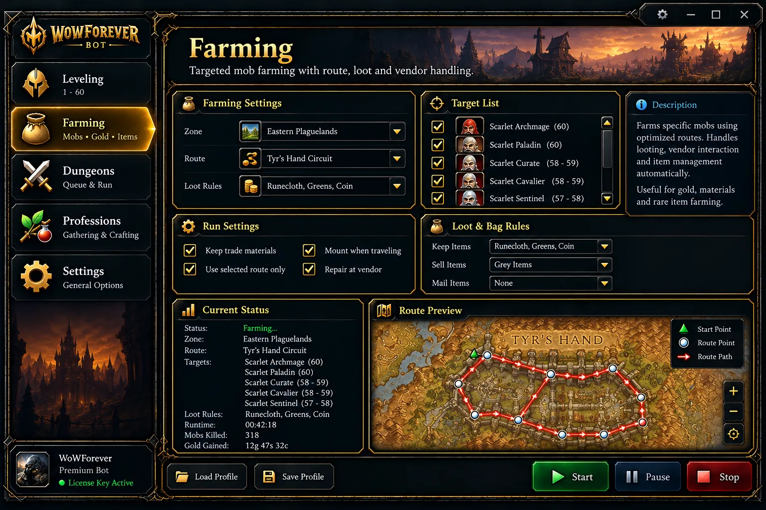 WowForeverBot farming control panel showing targets, routes, loot and bag rules