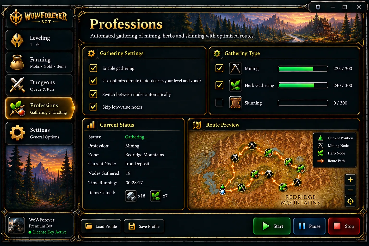 WowForeverBot professions control panel showing mining, route mode and bag handling